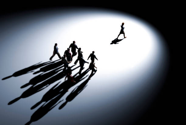 Single person away from the crowd standing out with dark shadows 3d render render