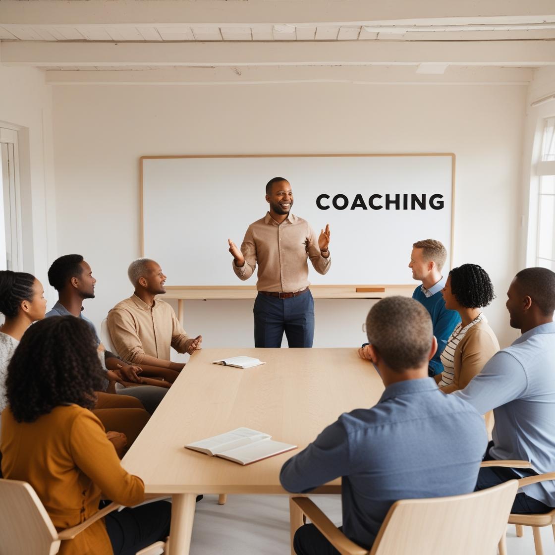 seance de coaching en groupe tableau écrit dessus COACHING un coach debout et explique