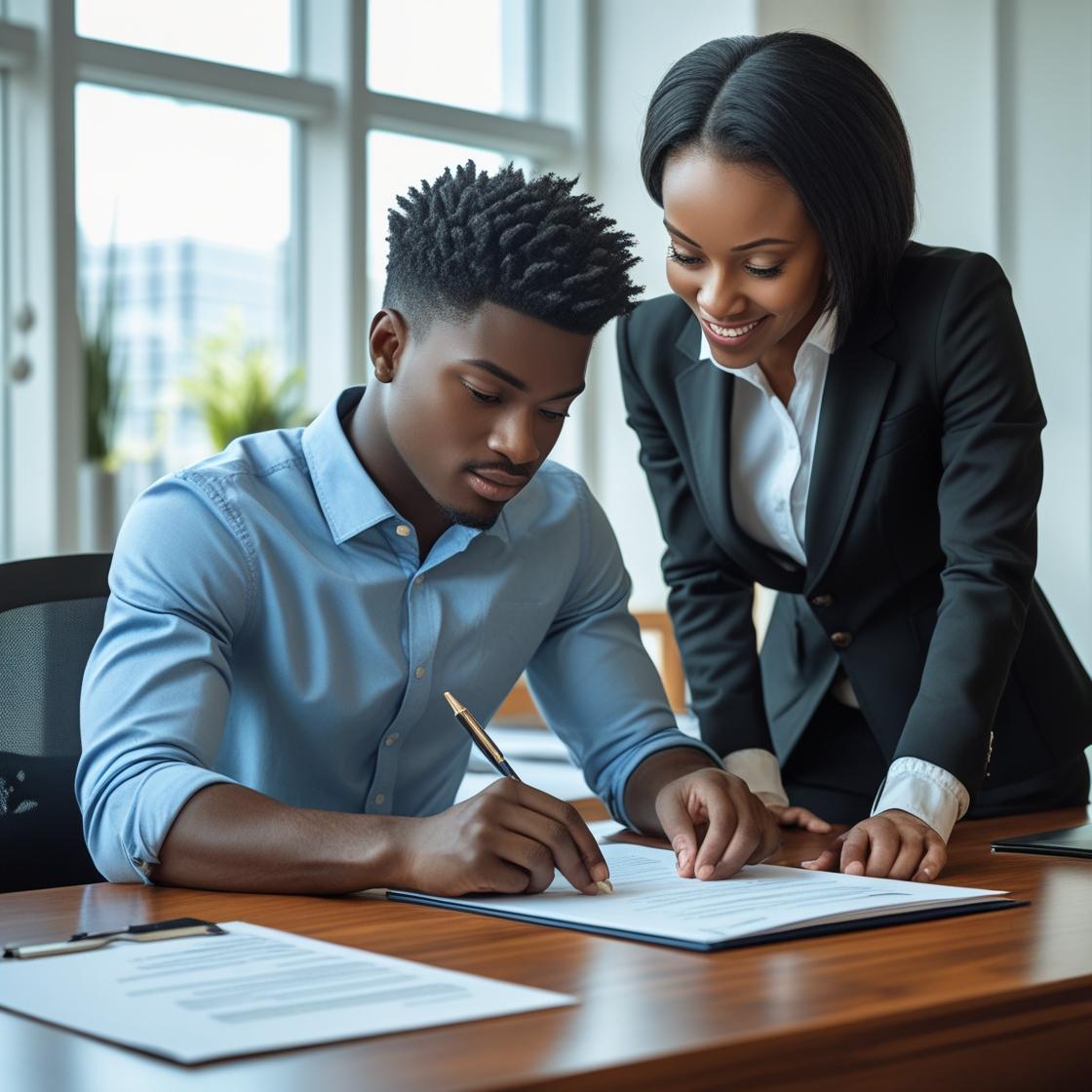 une personne noire écrit son curriculum vitae avec son coach noir